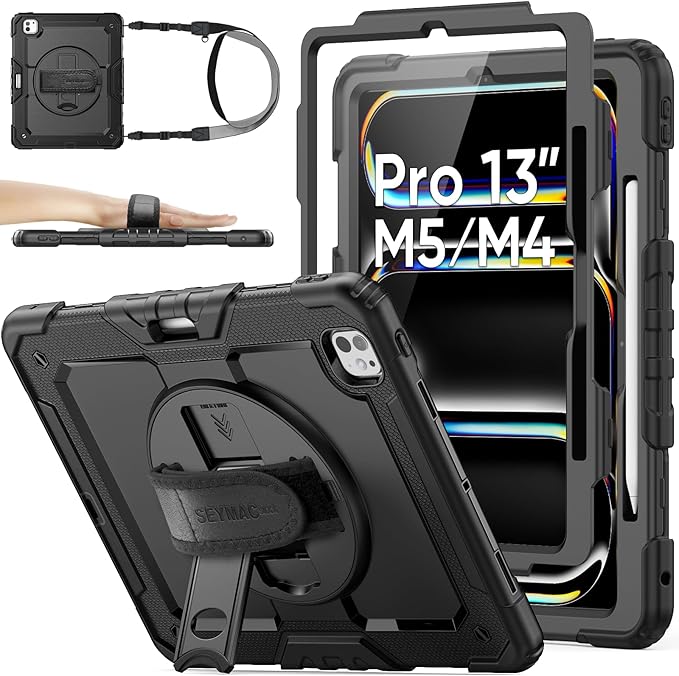 SEYMAC stock Case for iPad Pro 13-inch M5-M4 2025-2024, Shockproof Heavy Duty Case with Screen Protector, Pencil Holder, Rotating Stand, Hand Strap, Shoulder Strap, Black