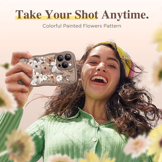 GVIEWIN for iPhone 15 Pro Max Case Compatible with MagSafe [Curly Wave Edge][Full Camera Protection] Floral Translucent Shockproof Magnetic Women Phone Case for 15 Pro Max 6.7'', Dogwood/Brown