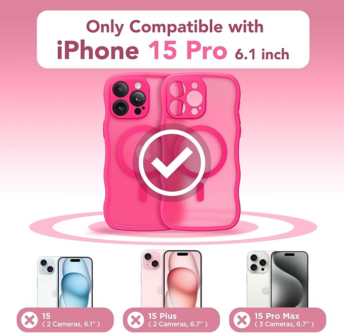 CAPRARO Cute for iPhone 15 Pro Case, Compatible with MagSafe, [Curly Wave Edge] [Full Camera Protection] [14 FT Drop Protection] Magnetic Phone Case for 15 Pro 6.1 Inch, Hot Pink