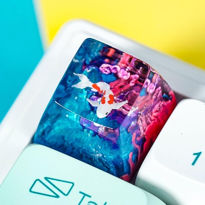 Kohaku Koi Artisan Keycap Blue and Pink Ocean Coral R1 SA Profile Custom Keycaps 1U ESC Handmade Gaming Resin Key Cap Cherry MX Switch Compatible Mechanical Keyboard Koi Lover Gift