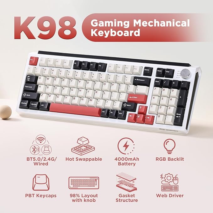 K98 Wireless Mechanical Keyboard,Tri-Mode BT5.0/2.4GHz/USB-C Hot Swappable Custom Keyboard,Gasket Structure,RGB Backlit Gaming Keyboard for Win & Mac(White&Red,Cocoa-V2 Switch)
