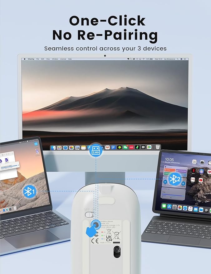SABLUTE M31 Bluetooth Mouse for MacBook Pro/Air, iPad - Rechargeable Tri-Mode Wireless Mouse for 3 Devices (BT 5.2 + 2.4G), Sleek Slim Silent Mouse for Surface, Windows, Rose Gold