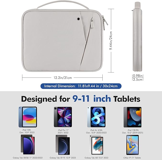 MoKo 9-11 Inch Tablet Sleeve Carrying Case with Handle, Padded Protective Travel Bag for New 11-inch iPad Air 4 2026/Pro M5/ A16, iPad 10th/Air 5/4th 10.9, i-Pad 9/8th 10.2,Tab S9/S8 11, Gray & White