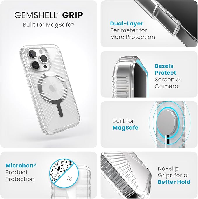 Speck Clear iPhone 15 Pro Case - Slim, Built for MagSafe, Drop Protection Grip - Scratch Resistant, Anti-Yellowing, 6.1 Inch Phone Case - GemShell Grip Clear
