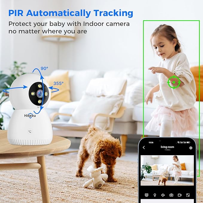 Hiseeu Indoor Security Camera, 2.4G/5G 5MP Pet Camera Baby Monitor, PTZ 360°, Auto Tracking, 2 Way Audio, Night Vision, PIR Detection, No Monthly Fee
