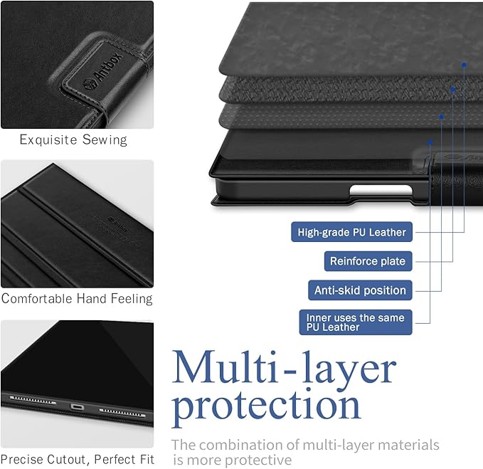 Antbox for iPad Pro 11 Inch Case M5 2025/M4 2024, Premium Vegan Leather, Supports Pencil Pro and Pencil (USB-C), Auto Sleep/Wake Function, Built-in Pencil Holder (Black)