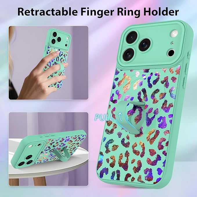 KANGHAR Compatible with iPhone 17 Pro Max Case, Support for MagSafe, Silicone Cute Iridescent Leopard Cheetah Pattern, Wristband Kickstand Shockproof Protective Slim Cover for Women Girls, Green