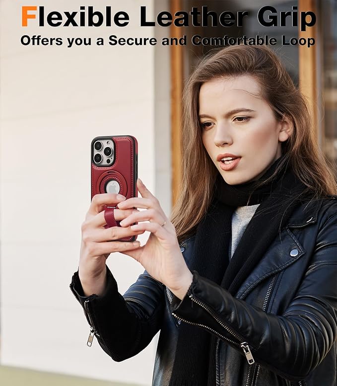 Butaiga for iPhone 14 Pro Max Leather Case with Stand, Anti-Slip Grip Ring, Fits for MagSafe (Burgundy, iPhone 14 Pro Max)