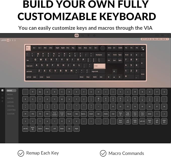 Keychron Q6 Max 100% Full-Size Layout Custom Wireless Mechanical Keyboard with Knob, QMK/VIA Programmable 1000Hz 2.4 GHz/Bluetooth/Wired RGB Backlit for Mac Windows, Gateron Brown Switch-Carbon Black
