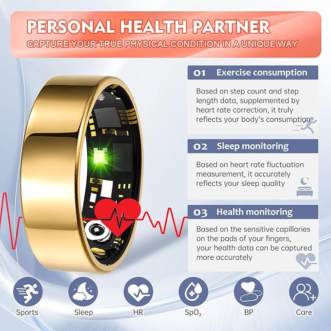 Smart Ring Health Tracker for Women Men, Sleep Tracker with Heart Rate,SpO₂,Blood Pressure, Fitness Ring for Activity Monitoring, No Subscription, Step Tracker Ring for ios&Android (Gold, #13)