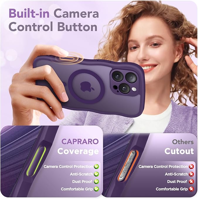 CAPRARO for iPhone 16 Pro Max Case for Women Girls, Upgraded [Full Camera Protection] [Compatible with MagSafe] Cute Wave Translucent Matte Phone Case for iPhone 16 Pro Max, Deep Purple