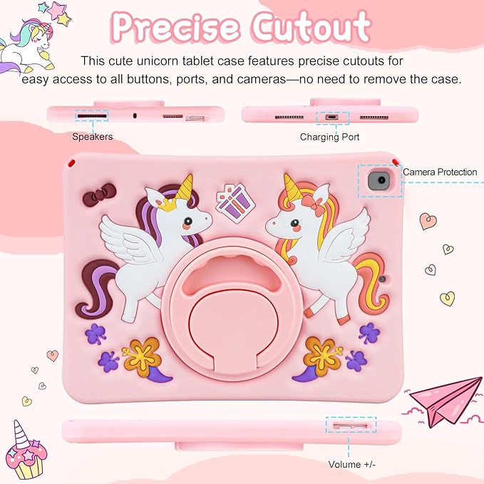 HianDier for iPad 9th Generation Case/iPad 8th Generation Case/iPad 7th Generation Case Cute Unicorn Silicone Tablet Cover with Detachable Strap and Rotatable Stand Shockproof Cover-Pink