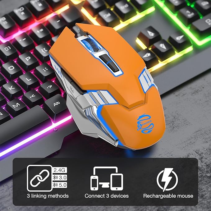 Bluetooth Gaming Mouse, RGB Rechargeable USB Wireless Mouse, Quiet Click, LED Backlit, Ergonomic, with Side Button, 6 Button, DPI Adjustable, Computer Mice for Laptop PC MacBook Chromebook - Orange