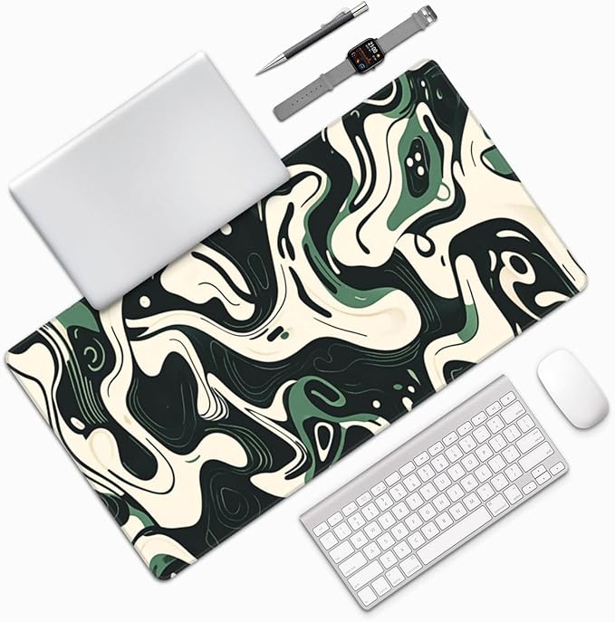 AQQA Abstract Topographic Map Green and White Pattern with Lines Gaming Mouse Pad Long XL Desk Mat for Desktop Mousepad with Non-Slip Base Stitched Edge Keyboard Mat for Office Home 31.5" x 15.7"