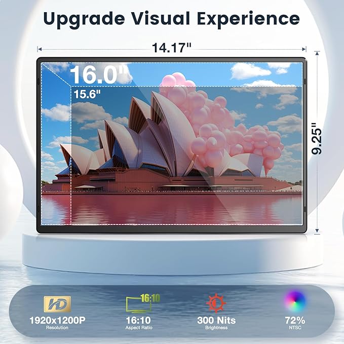FLYTOCCA Portable Monitor, 16 Inch FHD 1200P, Horizontal/Vertical Monitor, Plug & Play, Built-in Speakers & Headphone Jack, Travel Monitor for Laptop with Premium Smart Cover