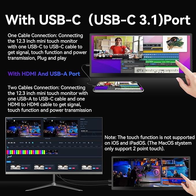 12.3 Portable Touchscreen Monitor,1920*720 IPS Mini Touch Screen,Travel Display with Foldablestand & Speaker, HDMI USBC CNC External Monitor for Laptop Phone Aida64 GPU CPU RAM Monitoring, VESA