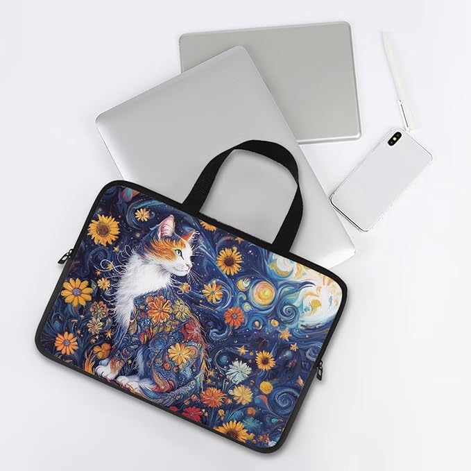 Starry Night Laptop Sleeve 10 Inch Laptop Protective Case Cute Cat Floral Computer Sleeve Neoprene Protective for 10-17 Inch Computer, Notebook, Chromebook, Tablet Bag
