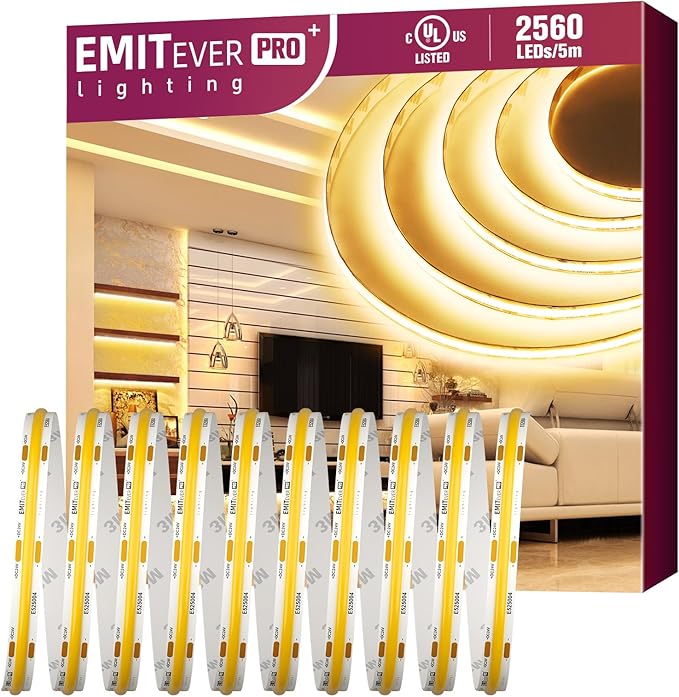 EMITEVER COB LED Strip Lights Warm White, 3000K Tape Light Premium High Density, DC 24V, 360+Lumens/ft, 2560LEDs/Spool, Ra 90+, 16.4ft/5m, UL Listed 5 Year After-Service (power supply sold separately)