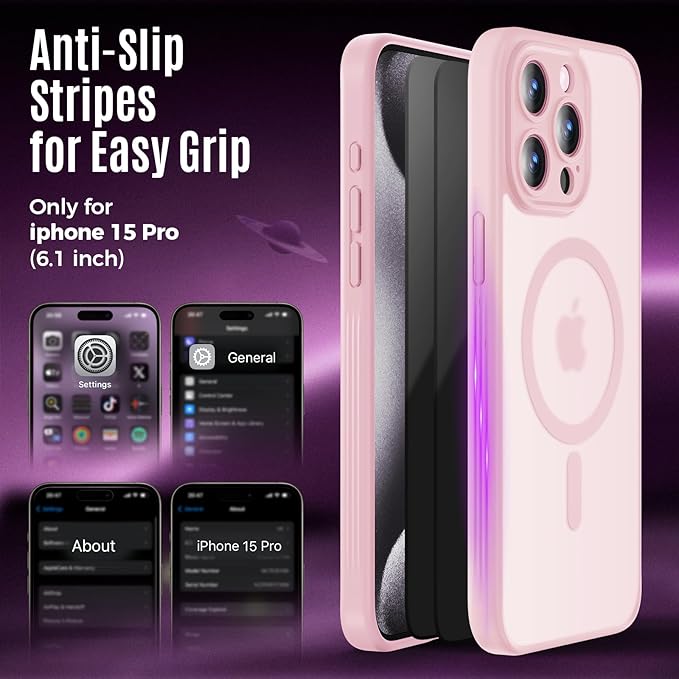 Symcele Designed for iPhone 15 Pro Case, Compatible with MagSafe, with Privacy Screen Protectors X2, [Camera Protection] [15FT Military Drop Protection] Shockpoof Phone Case, 6.1'', Pink
