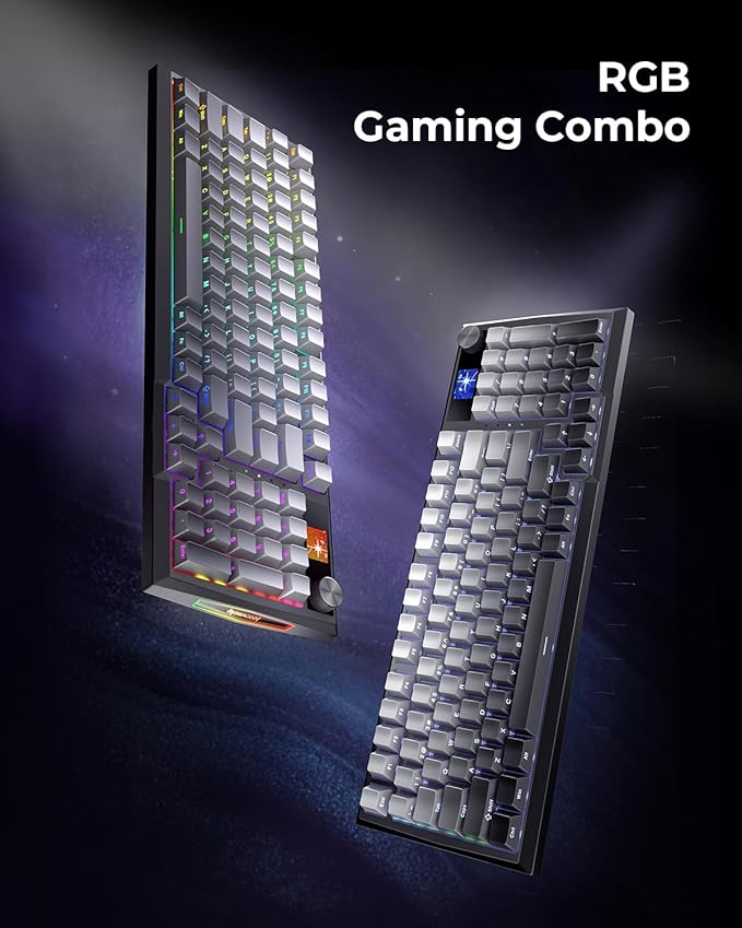 Redragon Wireless Mechanical Keyboard, Gasket RGB Gaming Keyboard with Screen & Knob, Tri-Mode BT5.0/2.4G/USB-C, 95 Keys Hot Swappable, Side Printed PBT Keycaps, Thick Pre-Lubed Linear Switch, K725SP