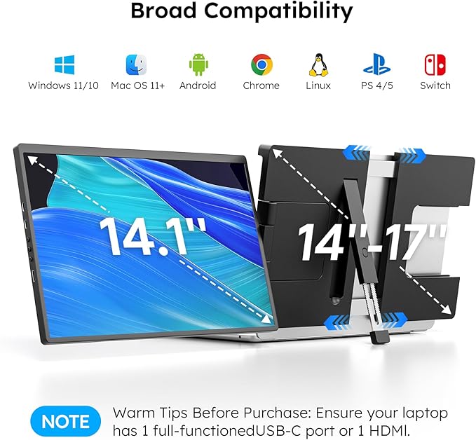 Dopesplay 14.1" FHD 1920x1200 IPS Laptop Extender, 16:10 Matte Dual Monitor for 14-17" Laptops | USB-C/HDMI, Plug-and-Play | Lightweight Foldable | Compatible with Win/Mac/Android/Switch