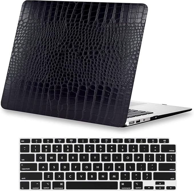 Compatible with Crocodile MacBook Air 13 inch Case 2021 2020 2019 2018 M1 A2337 A2179 A1932, Textured Elegant Luxury Aligator Skin Snakeskin PU Leather Hard Shell & Keyboard Cover, Black