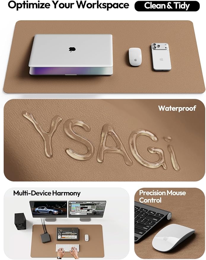YSAGi Leather Desk Protector, Office Mat, Large Mouse Mat, Non-Slip PU Leather Blotter, Laptop Desk Pad, Waterproof Writing Pad for Office and Home (Khaki, 47.2" x 23.6")