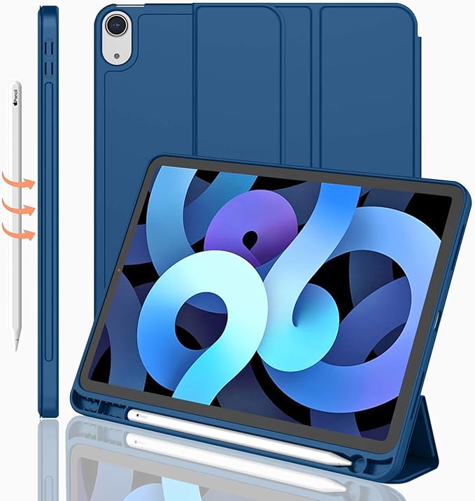 iMieet iPad Air 11 Inch Case M4/M3/M2(2026/2025/2024), iPad Air 5th/4th Generation Case 2022/2020 10.9 Inch with Pencil Holder,Trifold Stand Smart Case with Soft TPU Back(Navy Blue)