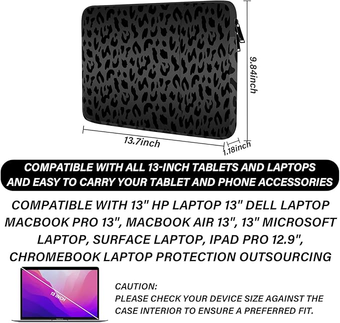 13-14 Inch Laptop Sleeve Bag with Pocket, Water Resistant Case Compatible with MacBook Air/Pro 13,MacBook Neo 13,iPad Pro 12.9,Surface,Dell,HP,Chromebook(Black Leopard Print)