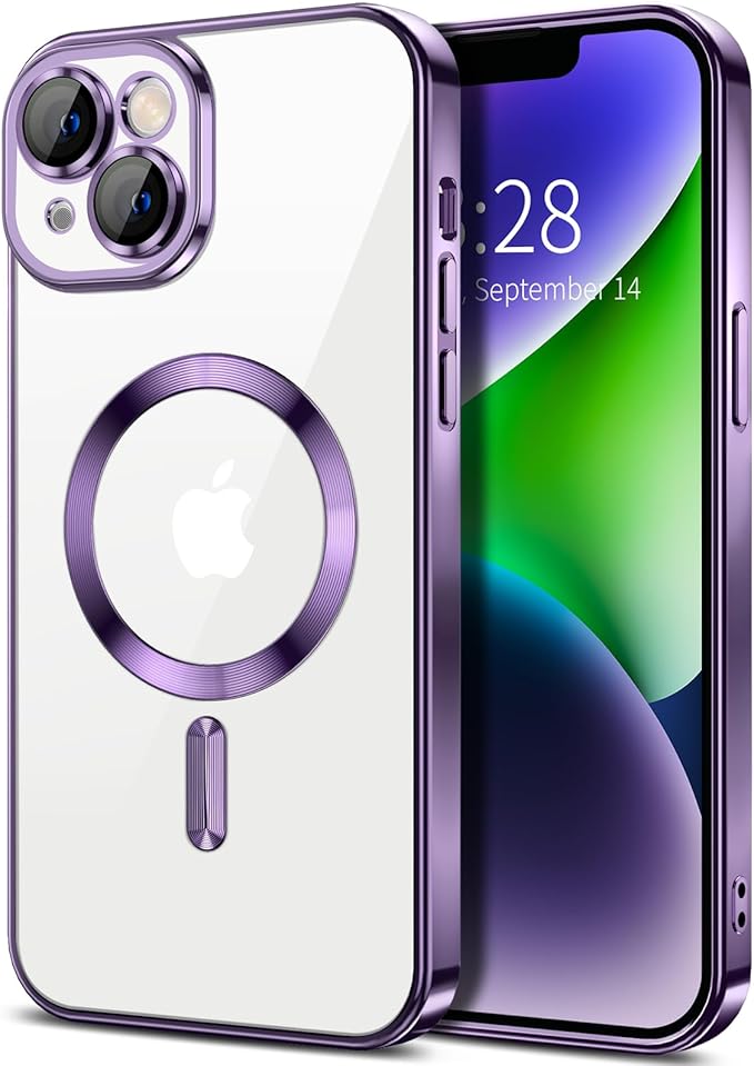 Hython Magnetic Clear for iPhone 14 Plus Case with Camera Lens Protector [Compatible with MagSafe] Luxury Plating Edge Slim Soft TPU Cover Protective Phone Case for iPhone 14 Plus 6.7", Deep Purple