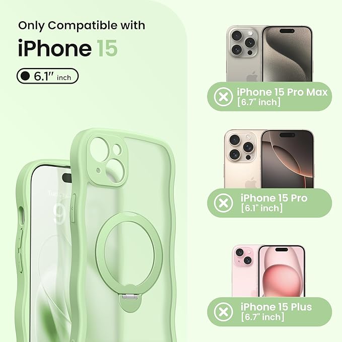 CAPRARO for iPhone 15 Case with 360° Spin Magnetic Stand for Women, [Compatible with MagSafe] [Full Camera Protection] Cute Wave Translucent Matte Case for iPhone 15, Light Green