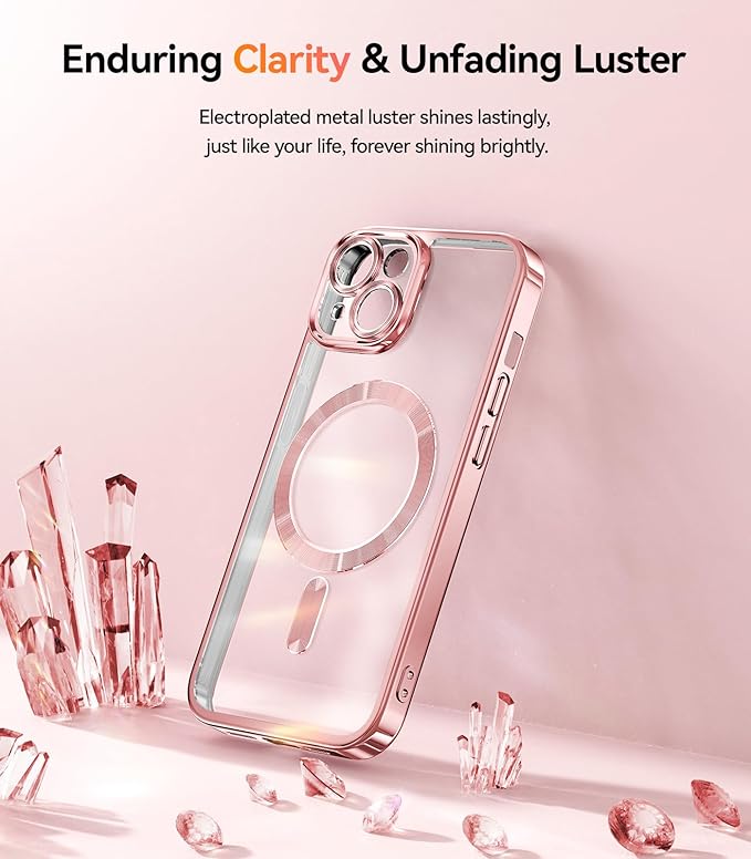 Meifigno for iPhone 15 Case 6.1, [Glitter Card & Wrist Strap], 1X HD+1X Privacy Screen Protectors, Compatible with MagSafe, Surround Camera Lens Protection for iPhone 15 Case, Rose Gold