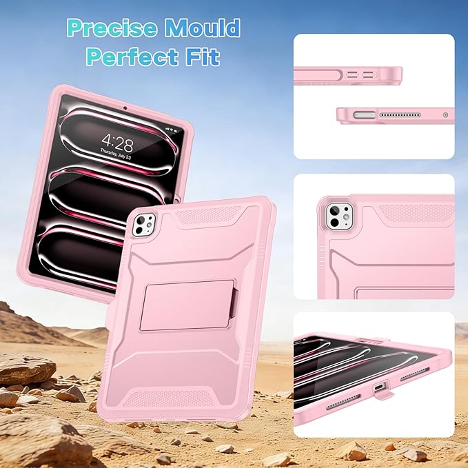 Soke Case for iPad Pro 11 Inch (M5) 2025/ (M4) 2024, with Built-in Screen Protector & Kickstand, Rugged Full Body Heavy Duty Protective Cover with Pencil Holder - Pink
