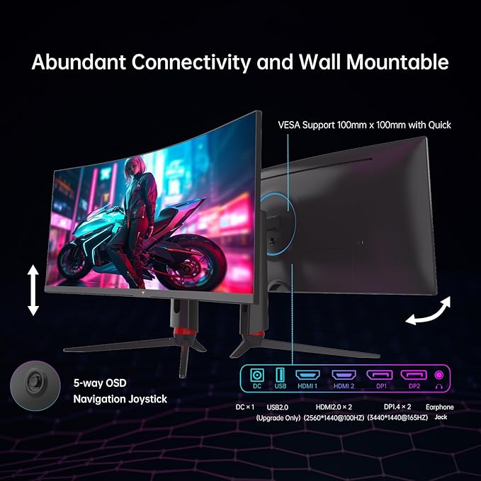 KTC 34 inch Curved Ultrawide Gaming Monitor, 180Hz WQHD 3440x1440 PC Monitor, 21:9, 1ms, 1500R, Adaptive Sync, HDMI Display Port, PBP/PIP, Height/Tilt/Swivel/Pivot Adjustment, VESA Mount, H34S18S