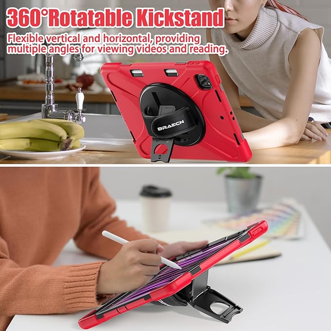 BRAECNstock Case for Apple iPad Air 13 inch (M4/M3/M2)/ iPad Pro 12.9 inch 6th/5th/4th/3rd Gen, Shockproof Protective Case with Pencil Holder, 360° Rotating Stand & Hand Strap, Shoulder Strap, Red