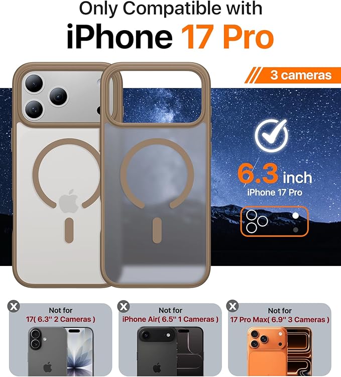 Magnetic for iPhone 17 Pro Case,[Anti-Slip][Compatible with MagSafe][Military Grade Drop Protection] Shockproof Protective Translucent Matte Phone Case for iPhone 17 Pro Case,Brown