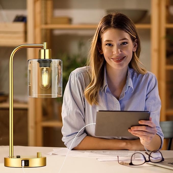 Lynnoland Set of 2 Industrial Table Lamps with USB Port, Gold Fully Stepless Dimmable Bedside Lamps for bedrooms, Nightstand Desk Lamp with Clear Glass Shade for Reading Living Room Office 2 LED Bulb