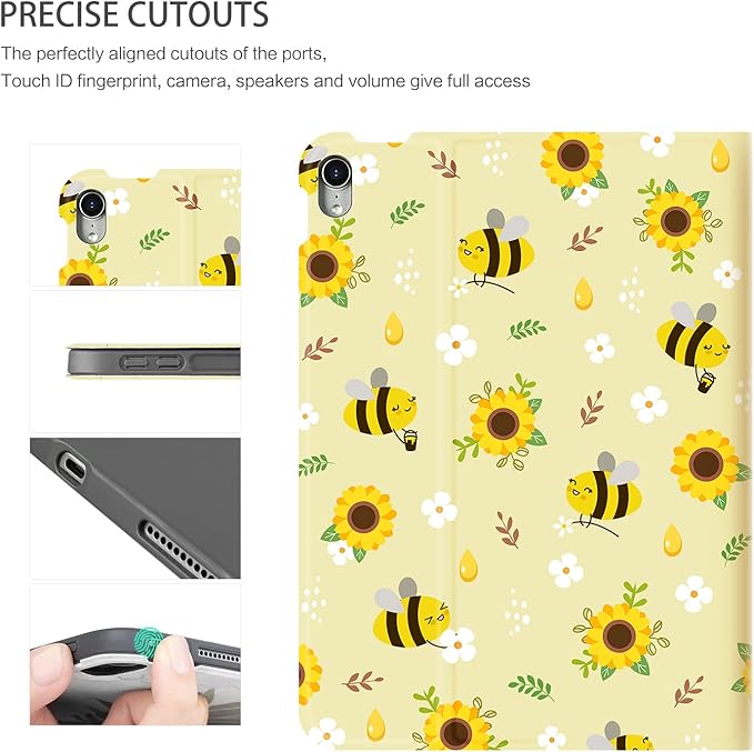 iPad Air 11 Inch Case M3/M2 (2025/2024), Case for iPad Air 5th/4th Generation 2022/2020 Women Girls Multi-Angle Adjustable Stand Soft PU Leather Shockproof Back Cover Auto Wake/Sleep, Flower Bee