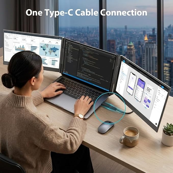 APILDELLA 15.6" Triple Laptop Screen Extender One Cable, 1080P FHD Portable Dual Monitor, Ultra-Slim Travel Monitor Extender for Triple Display on Mac/Windows, Fits 13"-17.3" Laptops