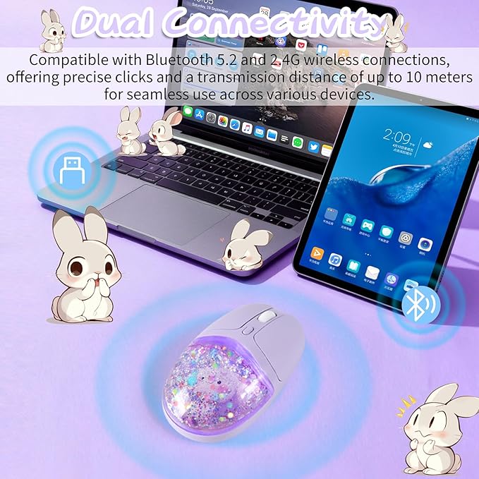 Wireless Bluetooth Mouse -Cute Clear Aqua Design, Glitter Liquid Sand Water Mouse with Optical Precision, Silent Clicks, LED Breathing Light,Transparent Retro Style for Home Office (Purple)