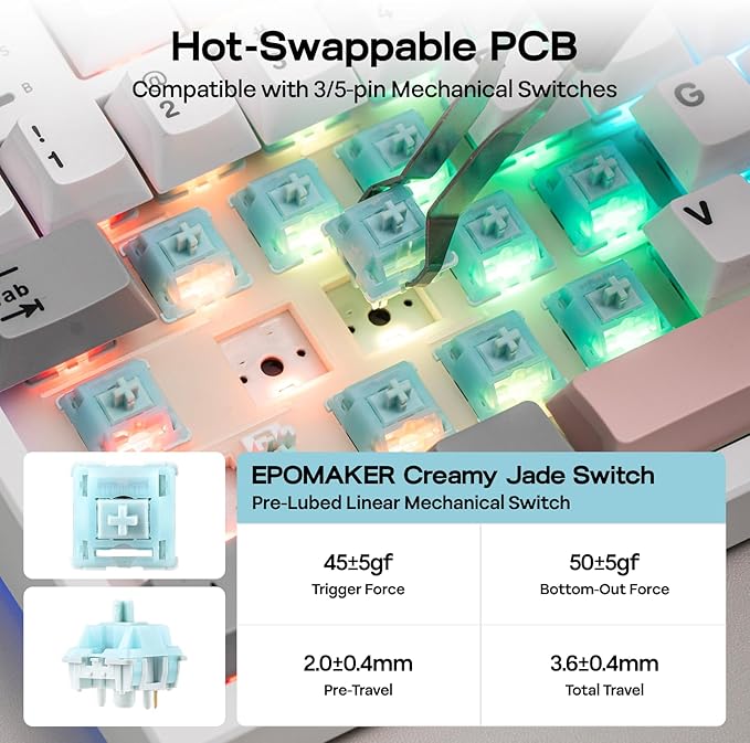 EPOMAKER TH87 Wireless Mechanical Keyboard with 10000mAh Battery, BT/2.4GHz/Wired, Hot Swappable Custom, PBT Keycap, RGB Backlit, Gasket, TKL Gaming Keyboard for PC/Mac (Creamy Jade Switch)