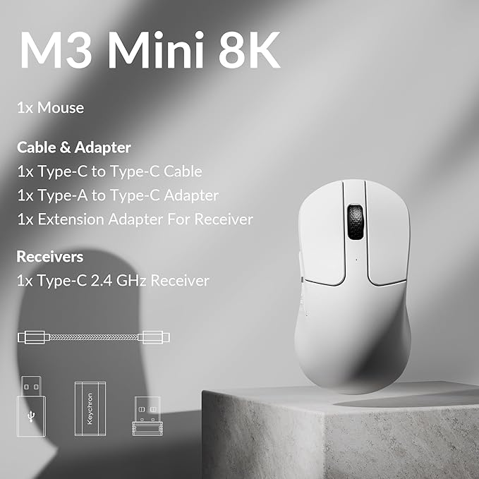 Keychron M3 Mini 8K Wireless Bluetooth 5.3/2.4 GHz/Wired Optical Mouse, Ultra-Lightweight 55g Programmable PixArt 3950 Sensor with up to 30,000 DPI/ 750 IPS for Windows Mac Linux - White