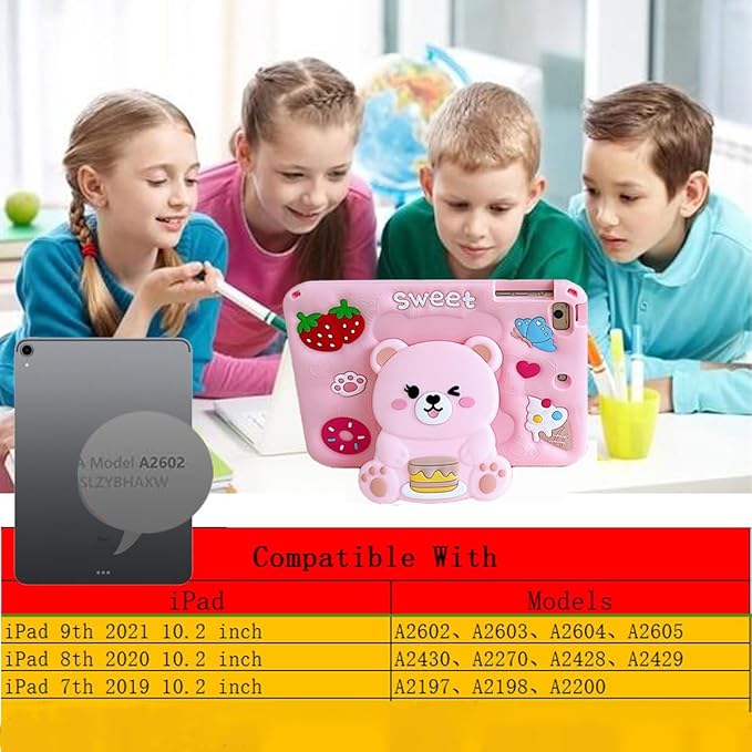 3D Cute Bear Case for iPad 9th/8th/7th 10.2 inch/Air 3 2019/Pro 10.5 inch,Kawaii Cartoon Pretty Sweet Bear Soft Silicone Foldable Stand Case with Lanyard for Kids Teens Girls Women