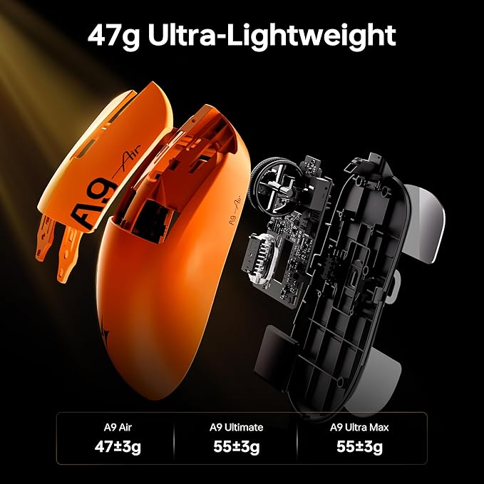 ATK Dragonfly A9 Air Wireless Gaming Mouse, 47g Lightweight, PAW3950 Ultra Sensor, Nordic 54L15 MCU, 8K Polling, 300 Hr Battery Life, Dual-Mode 2.4G/Wired