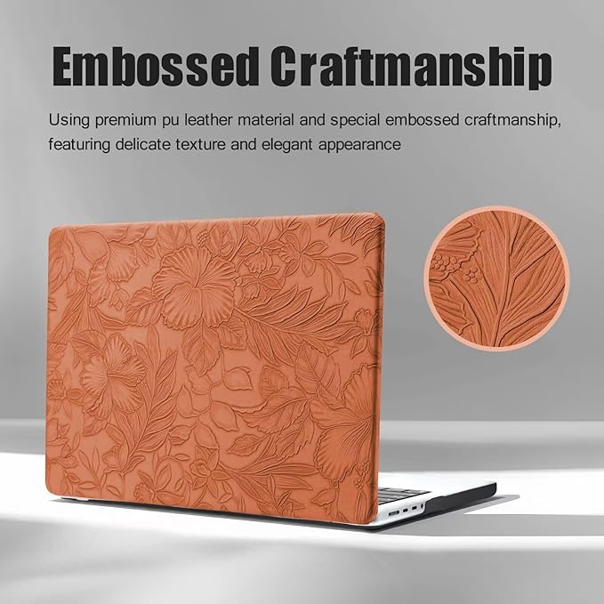 DTangLsm for MacBook Pro 13 inch Case M2 2025 2024-2016 A2338 M1 A2289 A2251 A2159 A1989 A1706 A1708, Elegant Retro Leather Hard Shell Cover for MacBook Pro Case + Keyboard Cover,Brown Embossed Floral