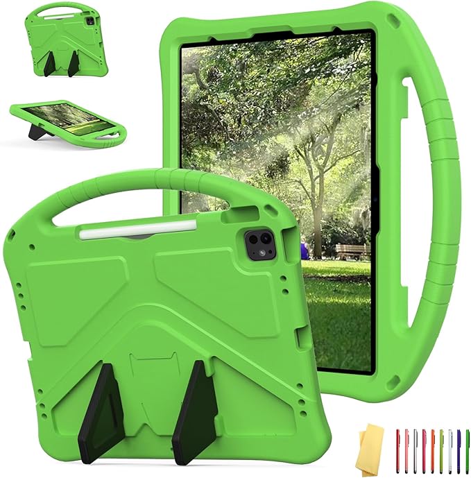 Kids Case for iPad Air 13 inch M4/M3/M2 & iPad Pro 13 inch M5/M4 (2025/2024) & iPad Pro 12.9 inch Cover 6th/5th/4th/3rd Generation (2022/2021/2020/2018) with Stand/Handle/Pencil Holder, Green