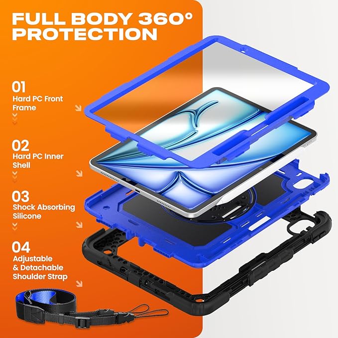 SEYMAC stock Case for iPad Air 11-inch M4-M2 2026-2024 (Gen 8-6), Shockproof Heavy Duty Case with Screen Protector, Pencil Holder, Rotating Stand, Hand Strap, Shoulder Strap, Blue