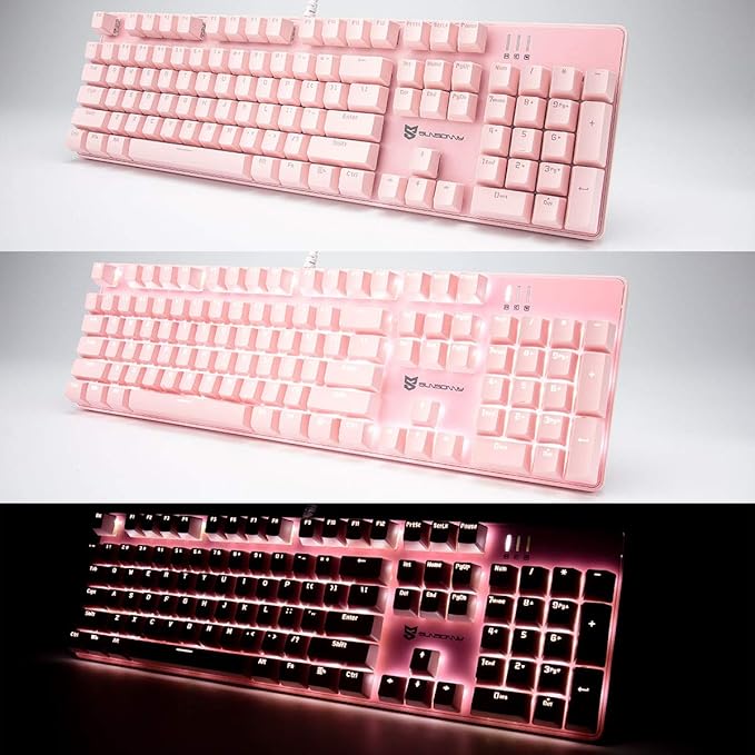 Merdia Full Size Wired Mechanical Gaming Pink Keyboard | Blue Switch 104 Keys US Layout Full Size Pink PC Gaming Keyboards | Hot Swappable LED Backlit Light Up Wired Mechanical Computer Keyboards