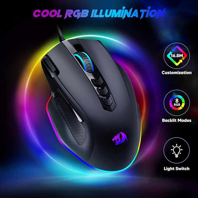 Redragon Wired Gaming Mouse, RGB Backlit Ergonomic Gamer Mouse Up to 8000 DPI, 11 Programmable Buttons & 7 Backlit Modes, Extra Sniper Button, Mouse Gamer for Windows PC Gamers, M614