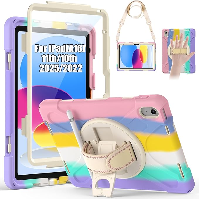 Gerutek Case for iPad (A16) 11th/10th Generation 11"/10.9" 2025/2022, Full-Body Drop Protective Case with Screen Protector, Pencil Holder, 360° Rotating Handle Stand Strap Cover- Colorful Pink